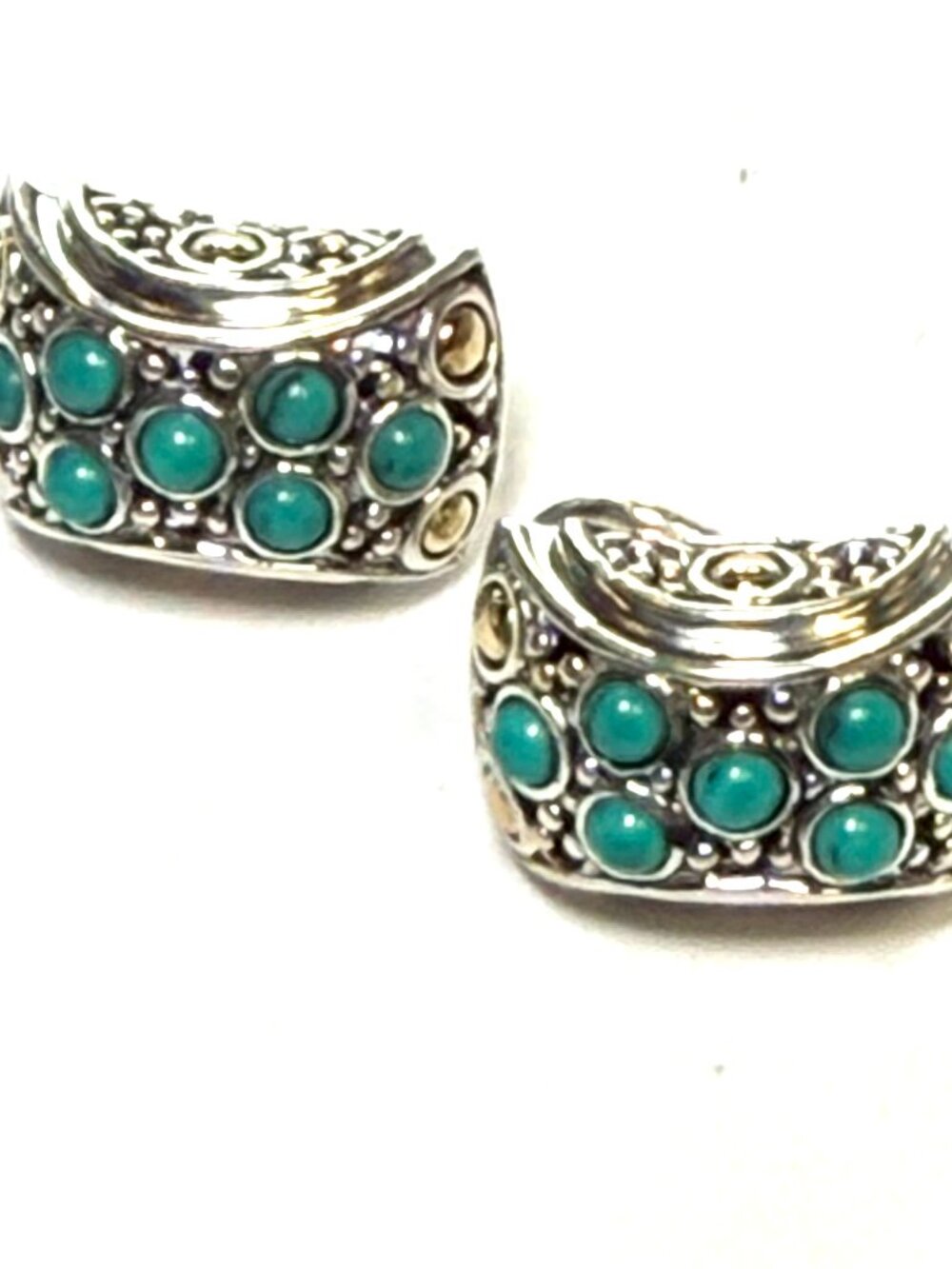 John Hardy Estate Turquoise Omega Back Earrings Sterling Silver 18k Gold JH120